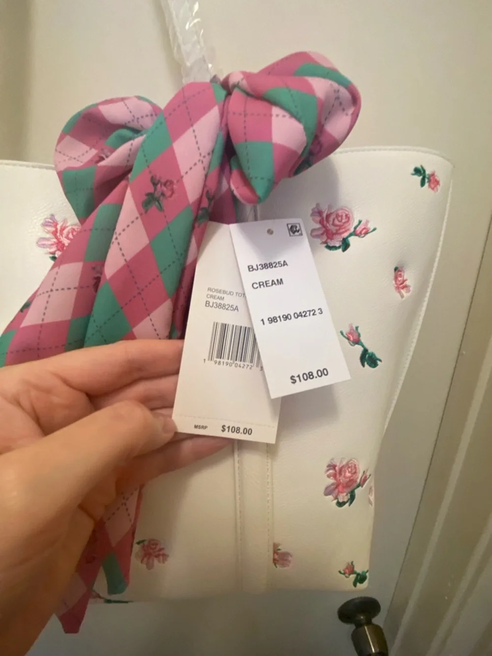 Betsey Johnson White Floral Tote with Pink & Green Scarf Accent - Picture 3 of 8
